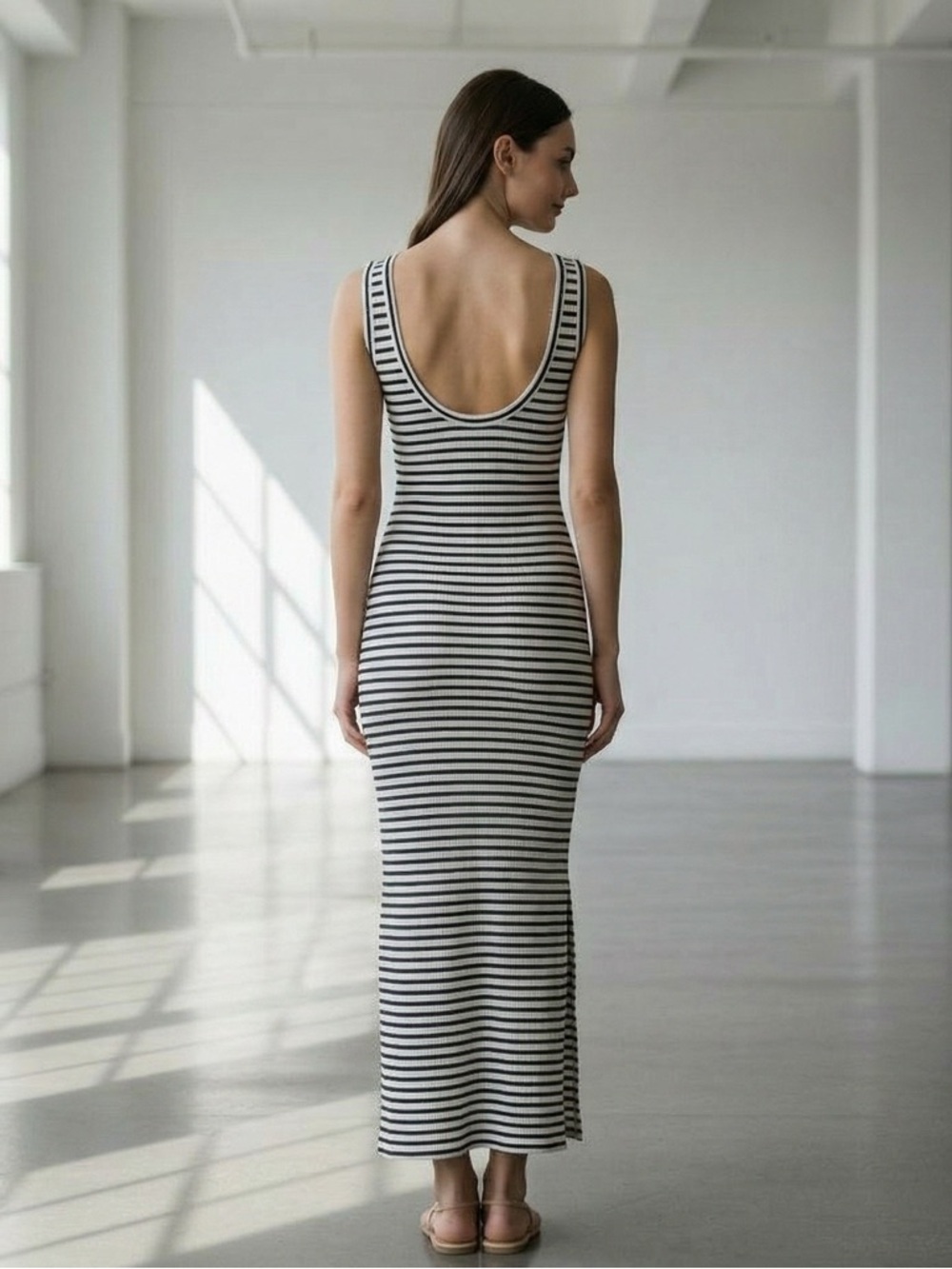 Striped Black & White Sleeveless Dress - Picture 2 of 3